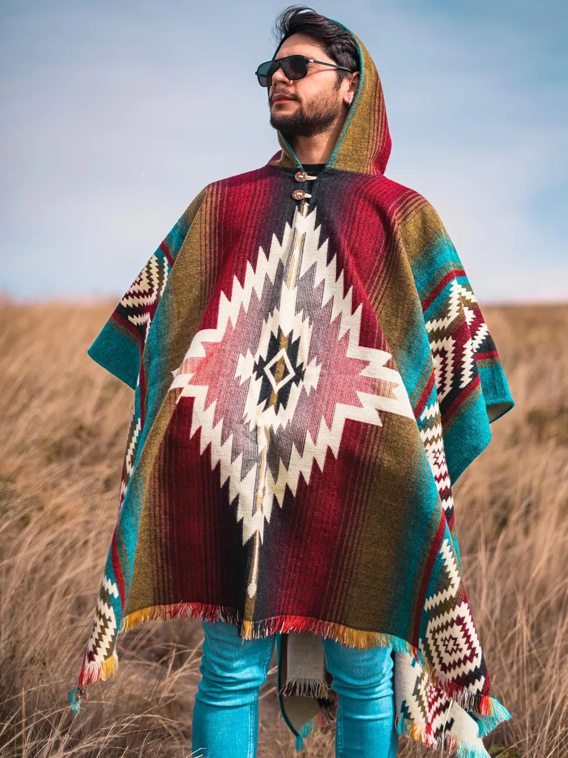 Adult Ponchos with Hood  Alpaca Wool Poncho Men  Cowboy Poncho for Men  Handmade Andean Gaban  Mexican Style Design