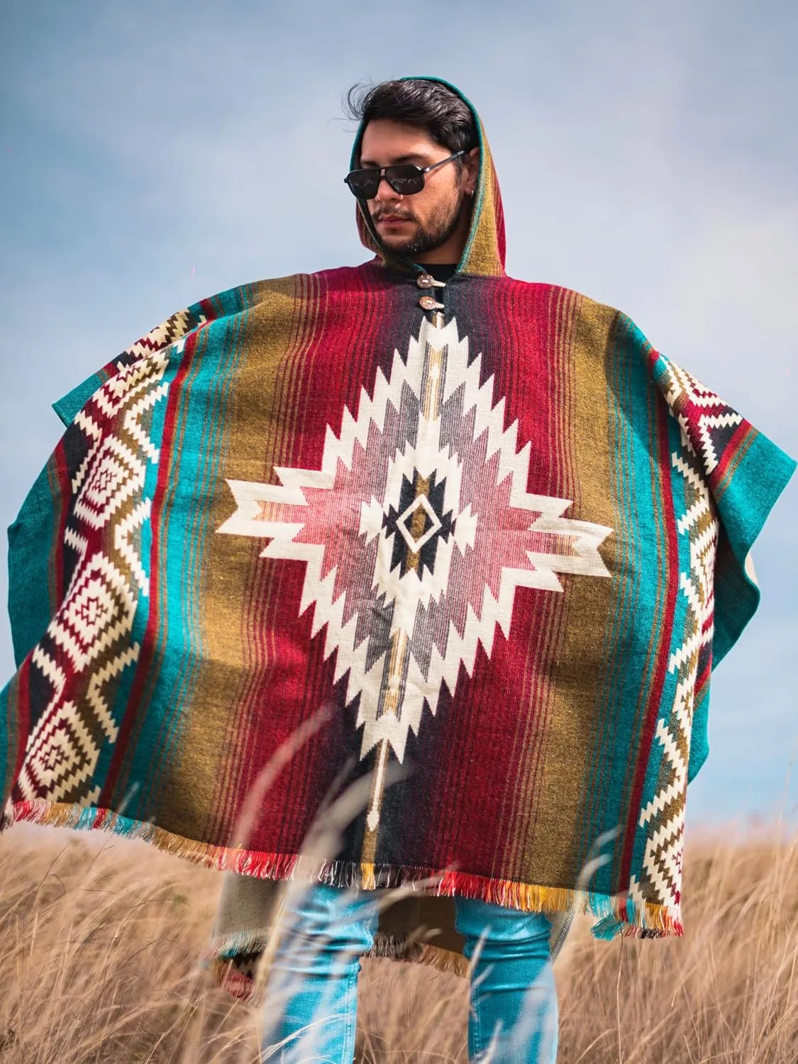 Adult Ponchos with Hood  Alpaca Wool Poncho Men  Cowboy Poncho for Men  Handmade Andean Gaban  Mexican Style Design