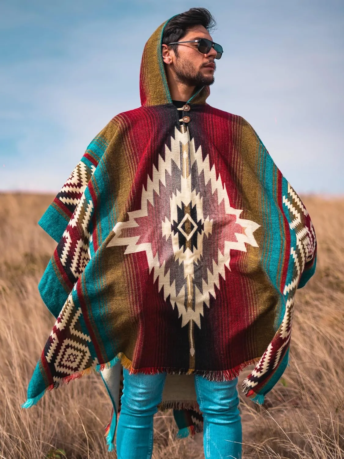 Adult Ponchos with Hood  Alpaca Wool Poncho Men  Cowboy Poncho for Men  Handmade Andean Gaban  Mexican Style Design