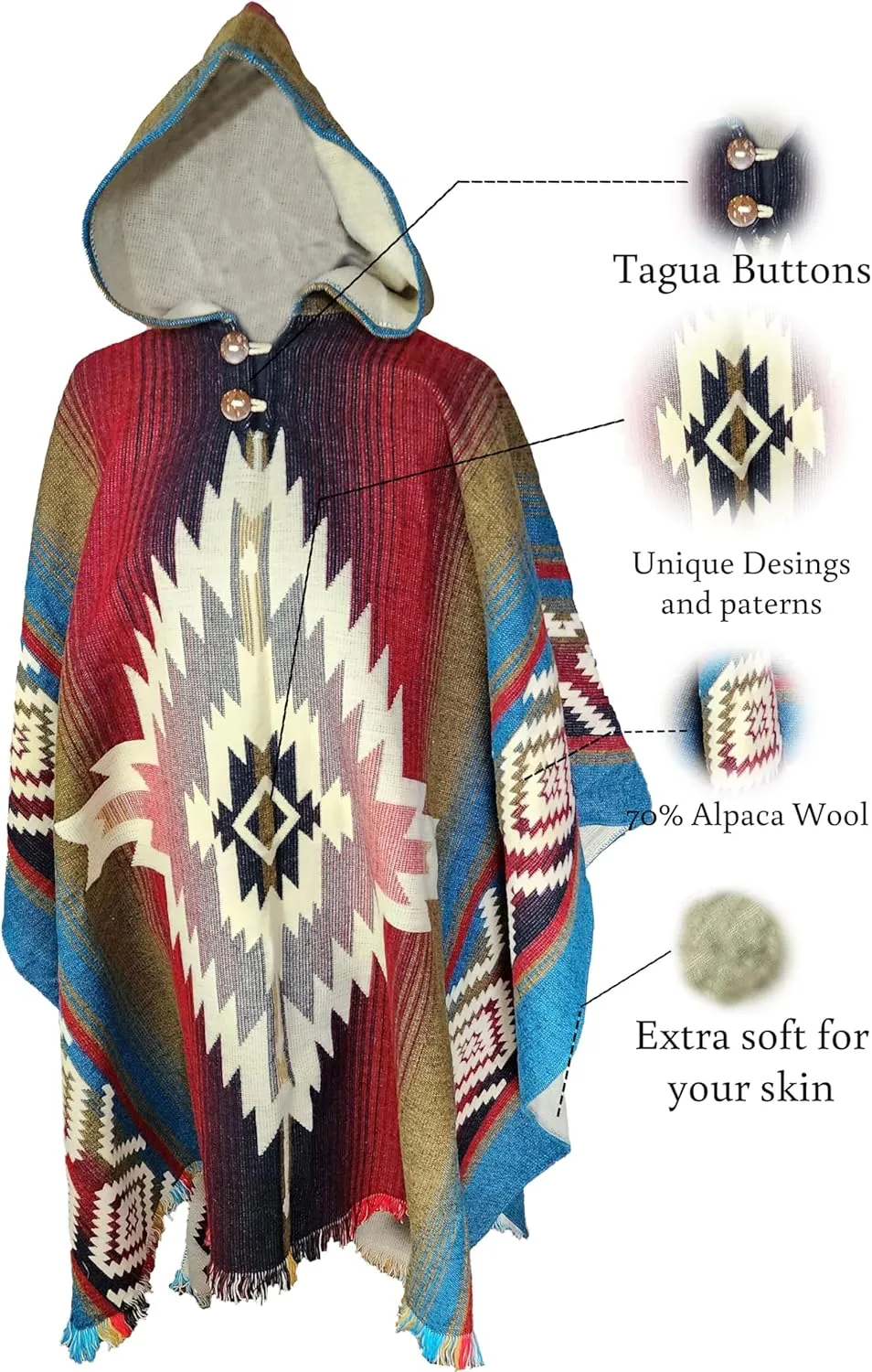 Adult Ponchos with Hood  Alpaca Wool Poncho Men  Cowboy Poncho for Men  Handmade Andean Gaban  Mexican Style Design