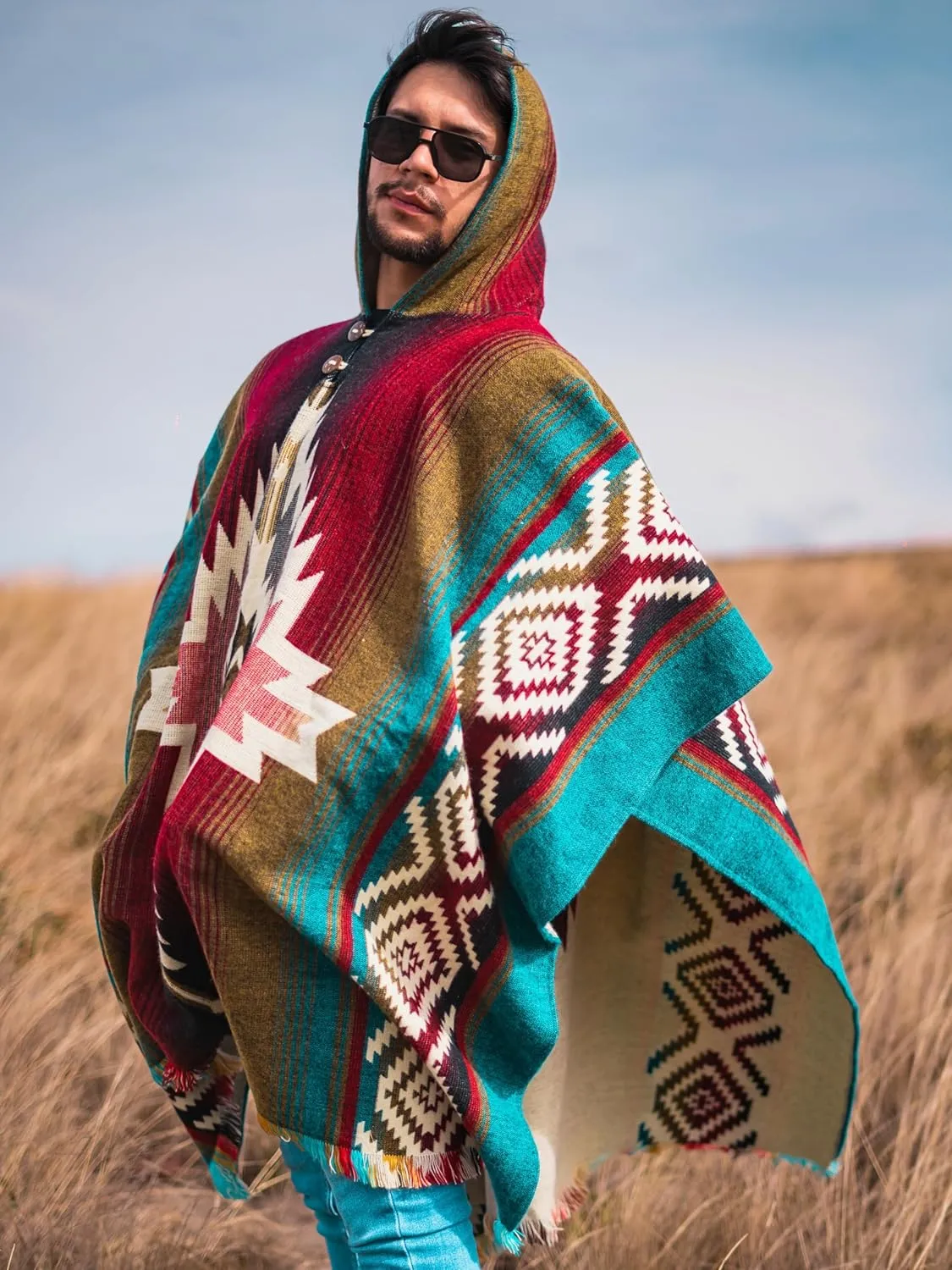 Adult Ponchos with Hood  Alpaca Wool Poncho Men  Cowboy Poncho for Men  Handmade Andean Gaban  Mexican Style Design