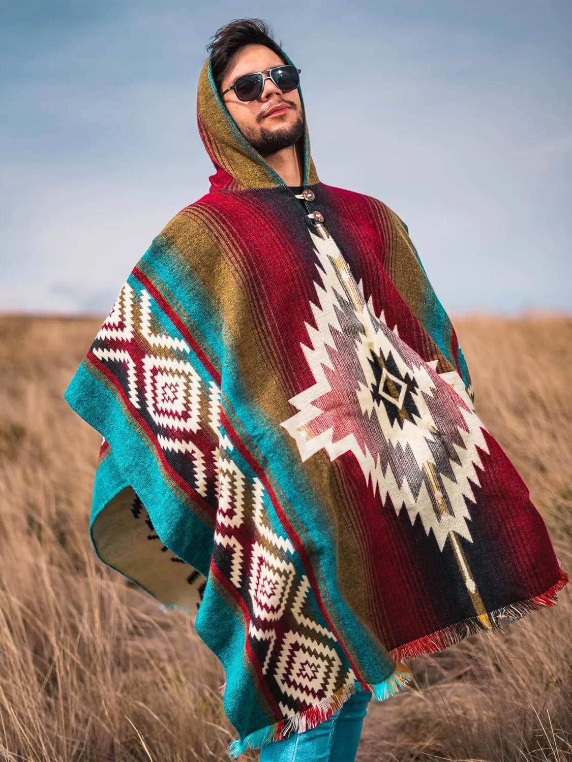 Adult Ponchos with Hood  Alpaca Wool Poncho Men  Cowboy Poncho for Men  Handmade Andean Gaban  Mexican Style Design