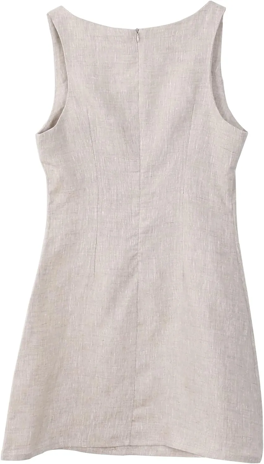 Amazhiyu Women's 100% Linen Square Neck Sleeveless Summer Mini Tank Dresses Casual