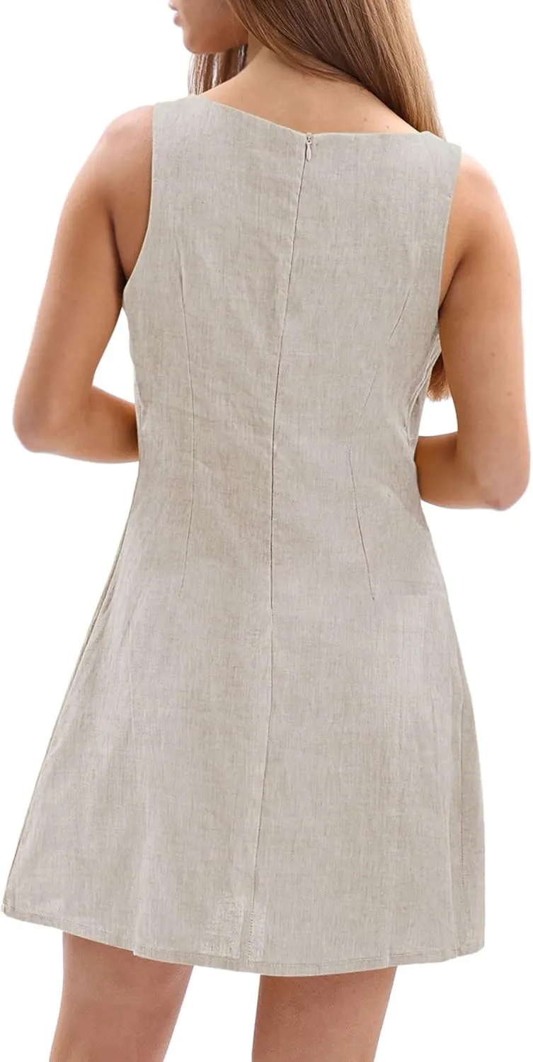 Amazhiyu Women's 100% Linen Square Neck Sleeveless Summer Mini Tank Dresses Casual