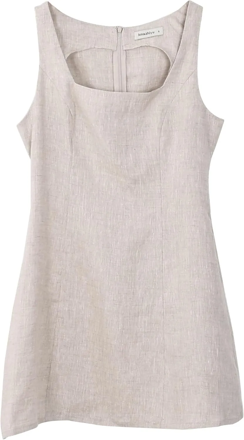 Amazhiyu Women's 100% Linen Square Neck Sleeveless Summer Mini Tank Dresses Casual