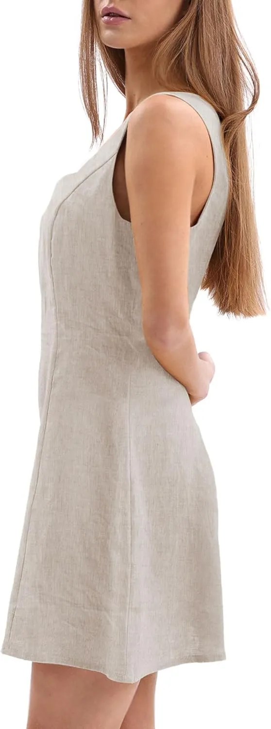 Amazhiyu Women's 100% Linen Square Neck Sleeveless Summer Mini Tank Dresses Casual