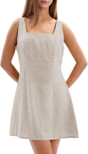 Amazhiyu Women's 100% Linen Square Neck Sleeveless Summer Mini Tank Dresses Casual