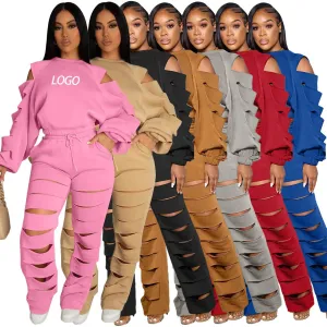 Customized Logo Solid Color Cut-Out Ripped Long Sleeve Top   Hollow-Out Joggers Tracksuit to 3X