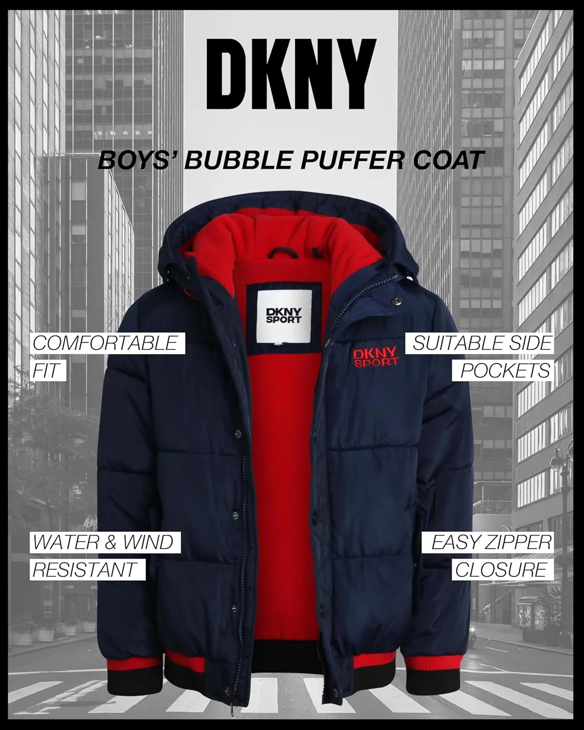 DKNY Boys' Winter Jacket - Midweight Polar Fleece Lined Quilted Insulated Parka Puffer Down Coat with Beanie Hat (Sizes:8-20)