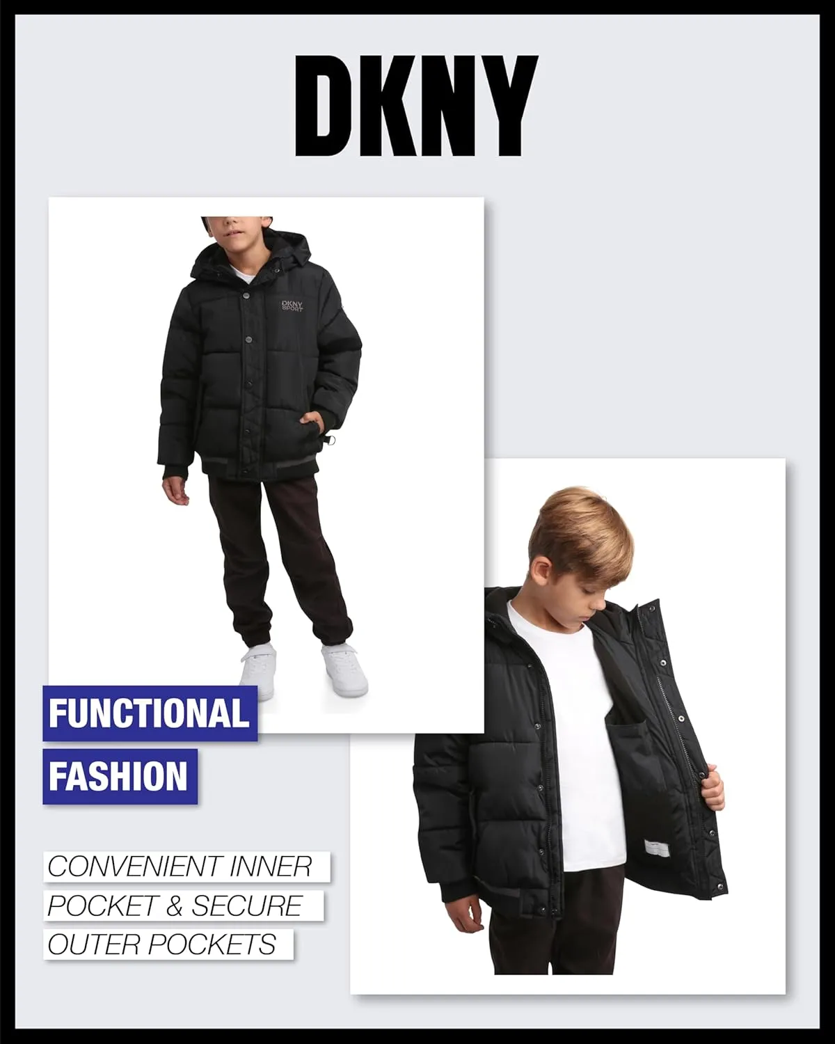 DKNY Boys' Winter Jacket - Midweight Polar Fleece Lined Quilted Insulated Parka Puffer Down Coat with Beanie Hat (Sizes:8-20)
