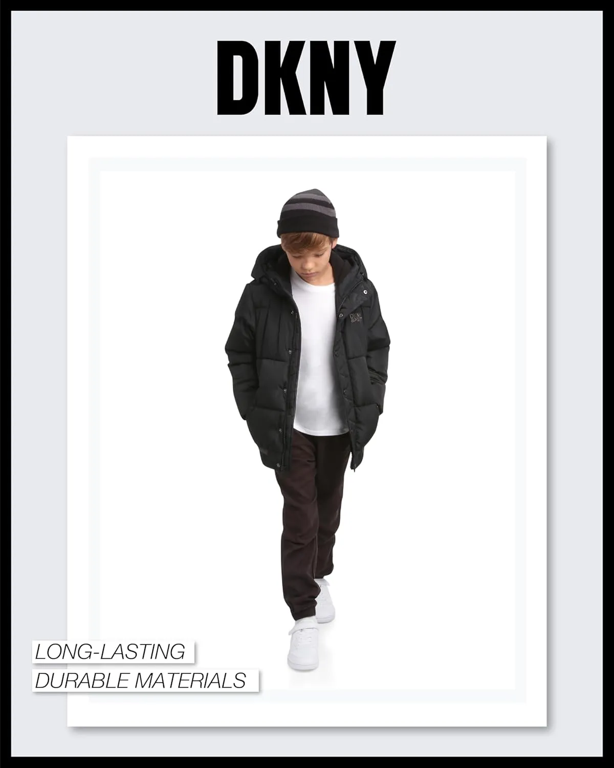 DKNY Boys' Winter Jacket - Midweight Polar Fleece Lined Quilted Insulated Parka Puffer Down Coat with Beanie Hat (Sizes:8-20)