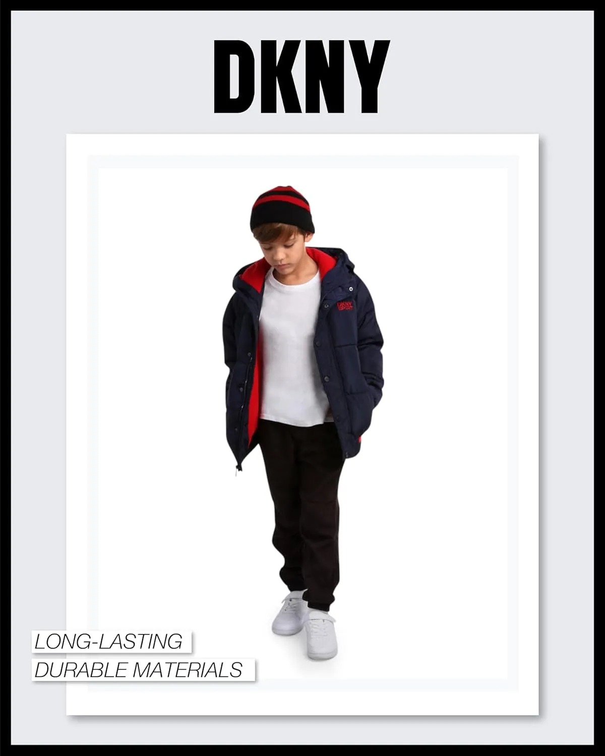 DKNY Boys' Winter Jacket - Midweight Polar Fleece Lined Quilted Insulated Parka Puffer Down Coat with Beanie Hat (Sizes:8-20)