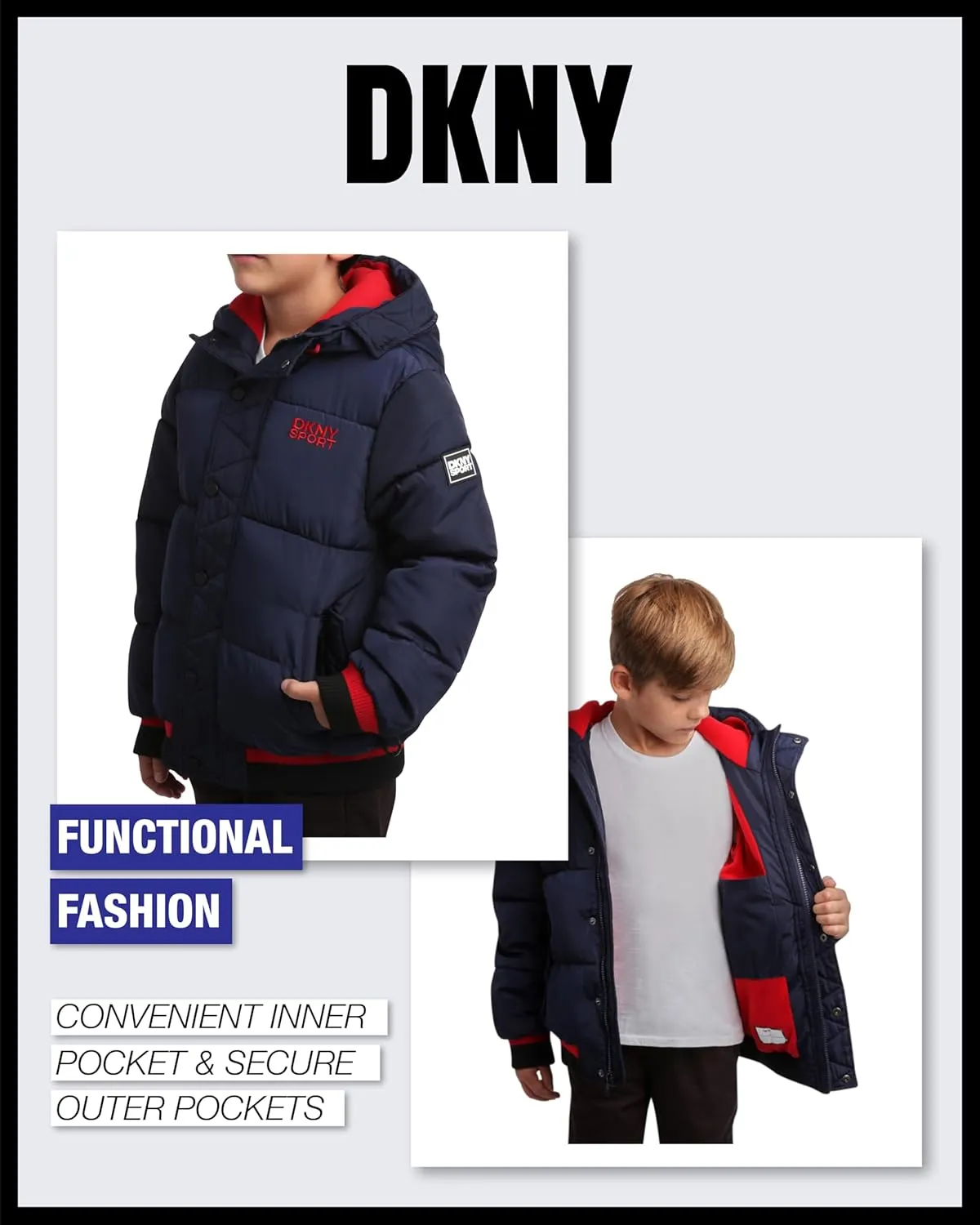 DKNY Boys' Winter Jacket - Midweight Polar Fleece Lined Quilted Insulated Parka Puffer Down Coat with Beanie Hat (Sizes:8-20)