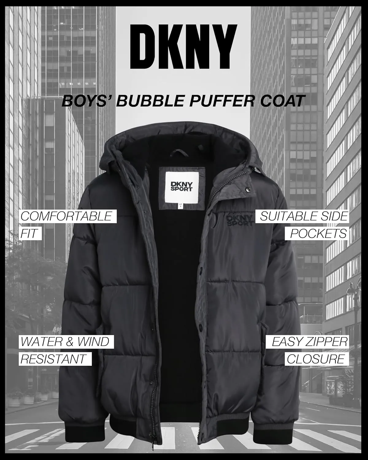 DKNY Boys' Winter Jacket - Midweight Polar Fleece Lined Quilted Insulated Parka Puffer Down Coat with Beanie Hat (Sizes:8-20)
