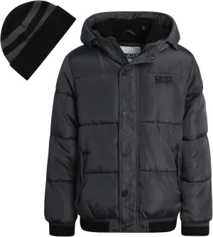 DKNY Boys' Winter Jacket - Midweight Polar Fleece Lined Quilted Insulated Parka Puffer Down Coat with Beanie Hat (Sizes:8-20)