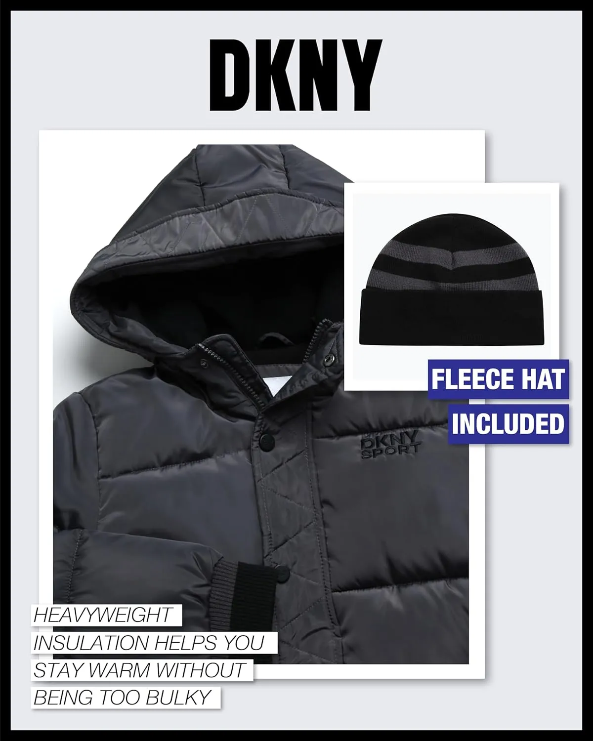 DKNY Boys' Winter Jacket - Midweight Polar Fleece Lined Quilted Insulated Parka Puffer Down Coat with Beanie Hat (Sizes:8-20)