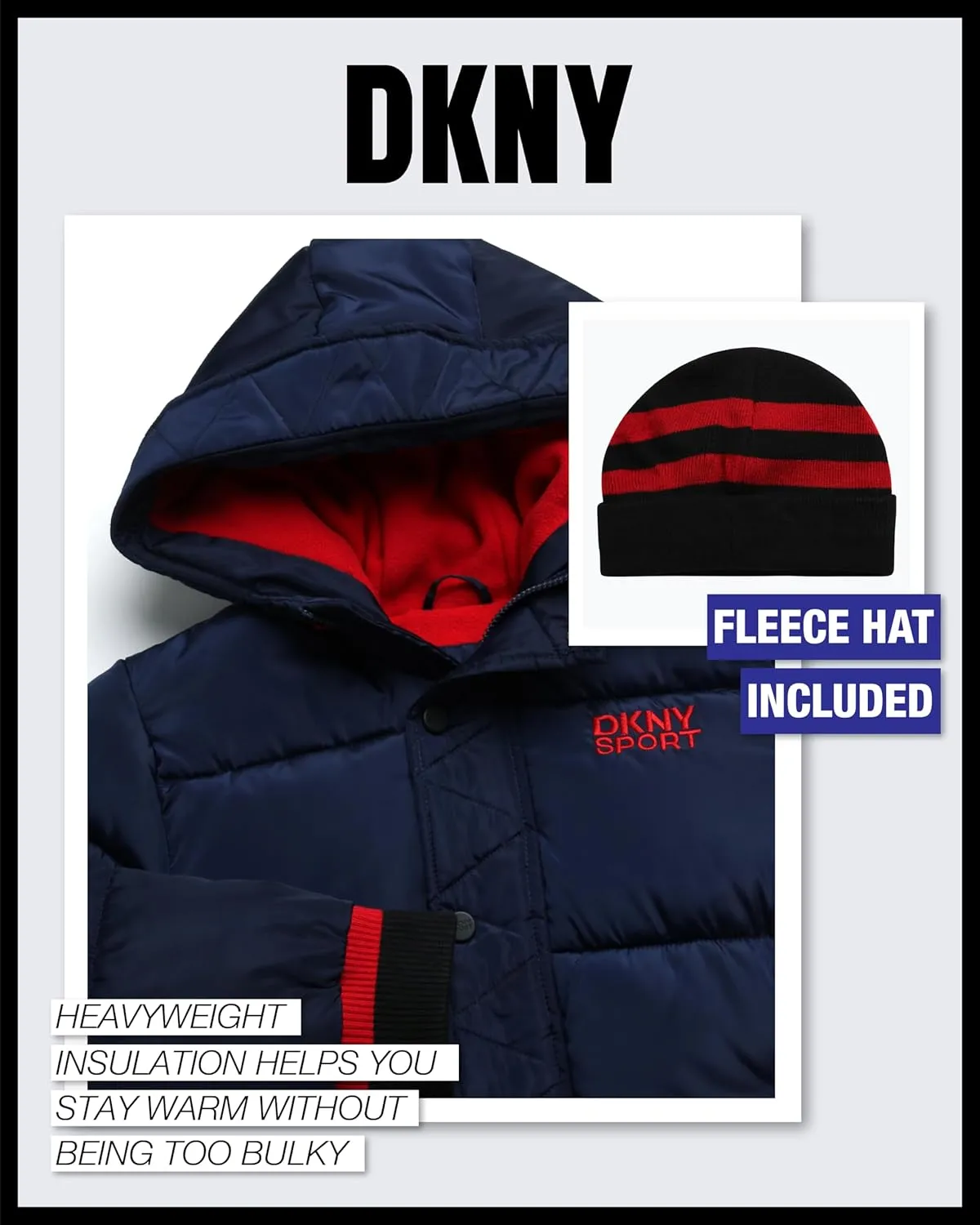 DKNY Boys' Winter Jacket - Midweight Polar Fleece Lined Quilted Insulated Parka Puffer Down Coat with Beanie Hat (Sizes:8-20)