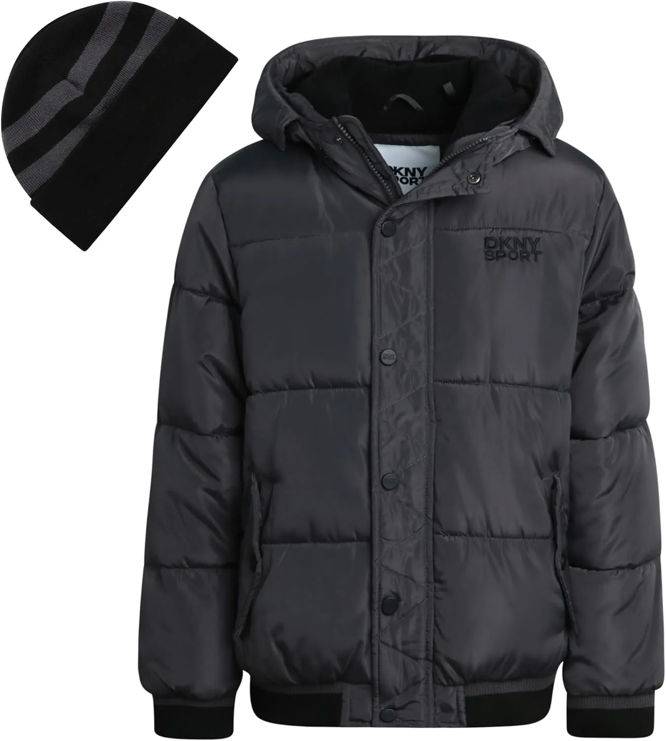DKNY Boys' Winter Jacket - Midweight Polar Fleece Lined Quilted Insulated Parka Puffer Down Coat with Beanie Hat (Sizes:8-20)