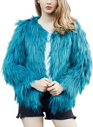 Flygo Faux Fur Coat Women Faux Fur Jacket Fluffy Open Front Cardigan Shaggy Short Coat Fall Winter Jacket
