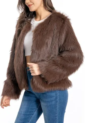 Fur Coat for Women,Faux Furry Long Sleeve Cropped Fluffy Jacket Open Front Coat Shaggy Warm Fall Winter Outerwear.