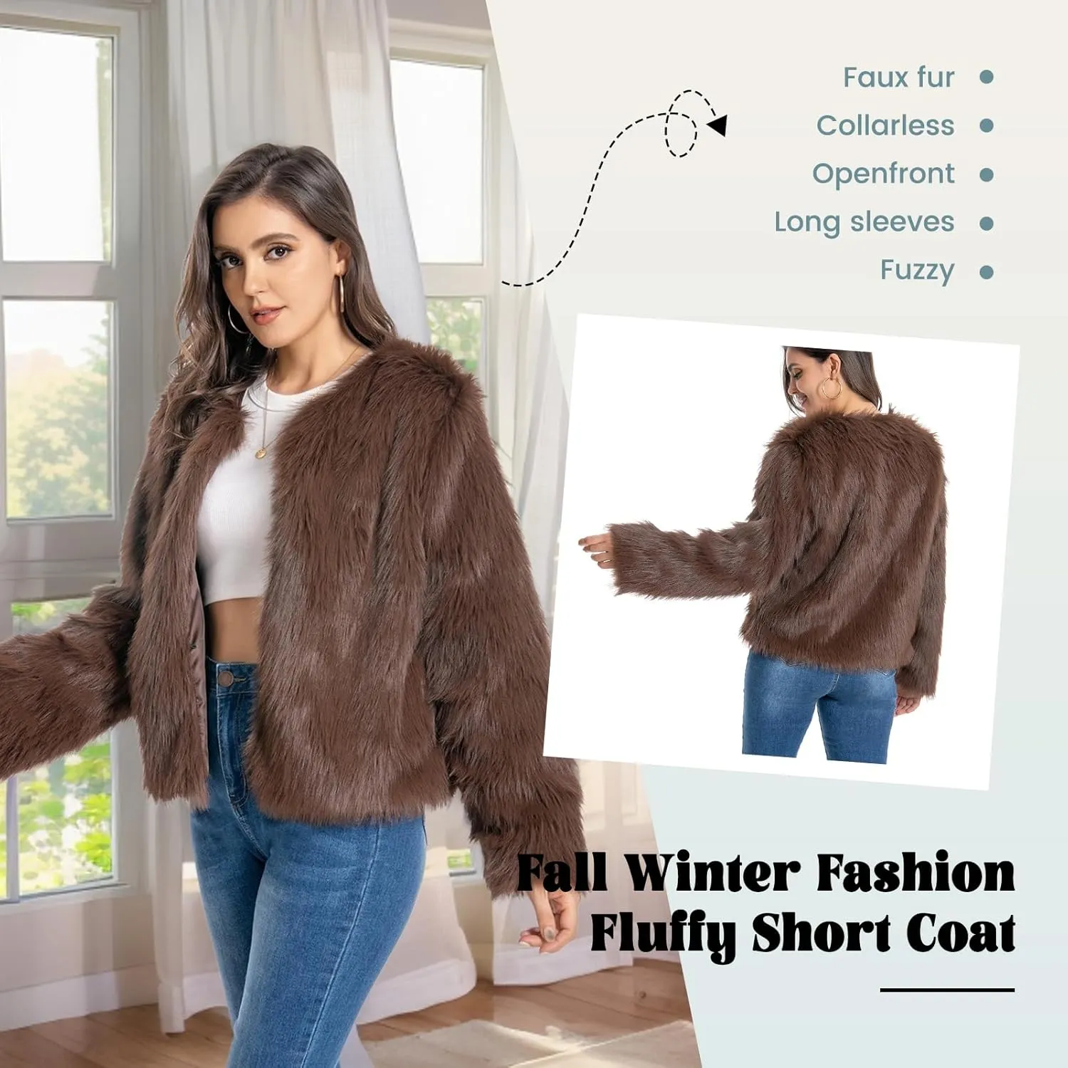 Fur Coat for Women,Faux Furry Long Sleeve Cropped Fluffy Jacket Open Front Coat Shaggy Warm Fall Winter Outerwear.