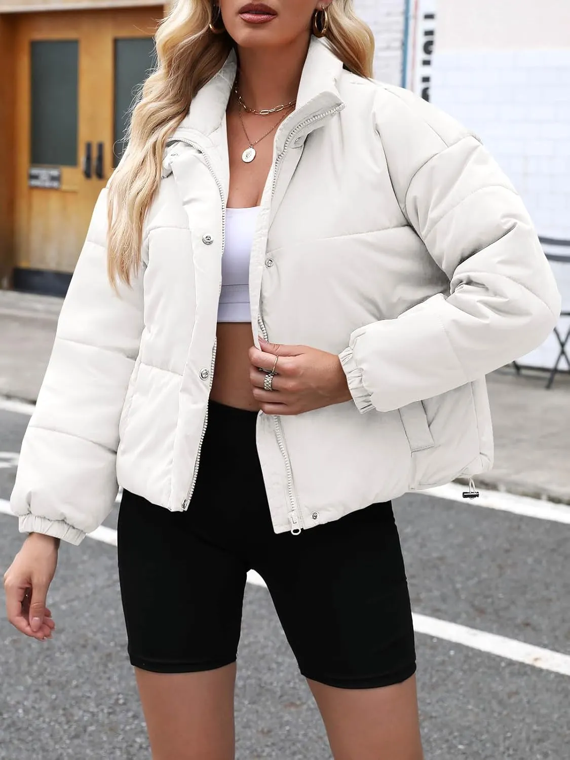 Imily Bela Womens Cropped Puffer Jackets Long Sleeve Stand Collar Coats Quilted Zipper Outerwear
