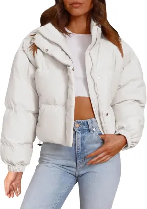 Imily Bela Womens Cropped Puffer Jackets Long Sleeve Stand Collar Coats Quilted Zipper Outerwear