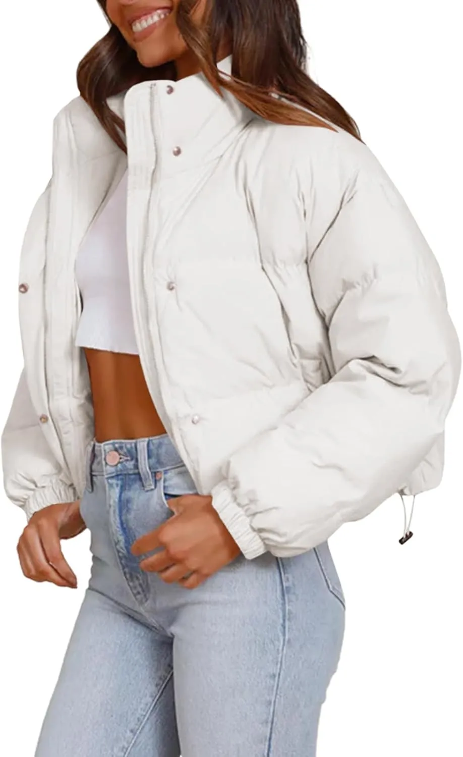 Imily Bela Womens Cropped Puffer Jackets Long Sleeve Stand Collar Coats Quilted Zipper Outerwear