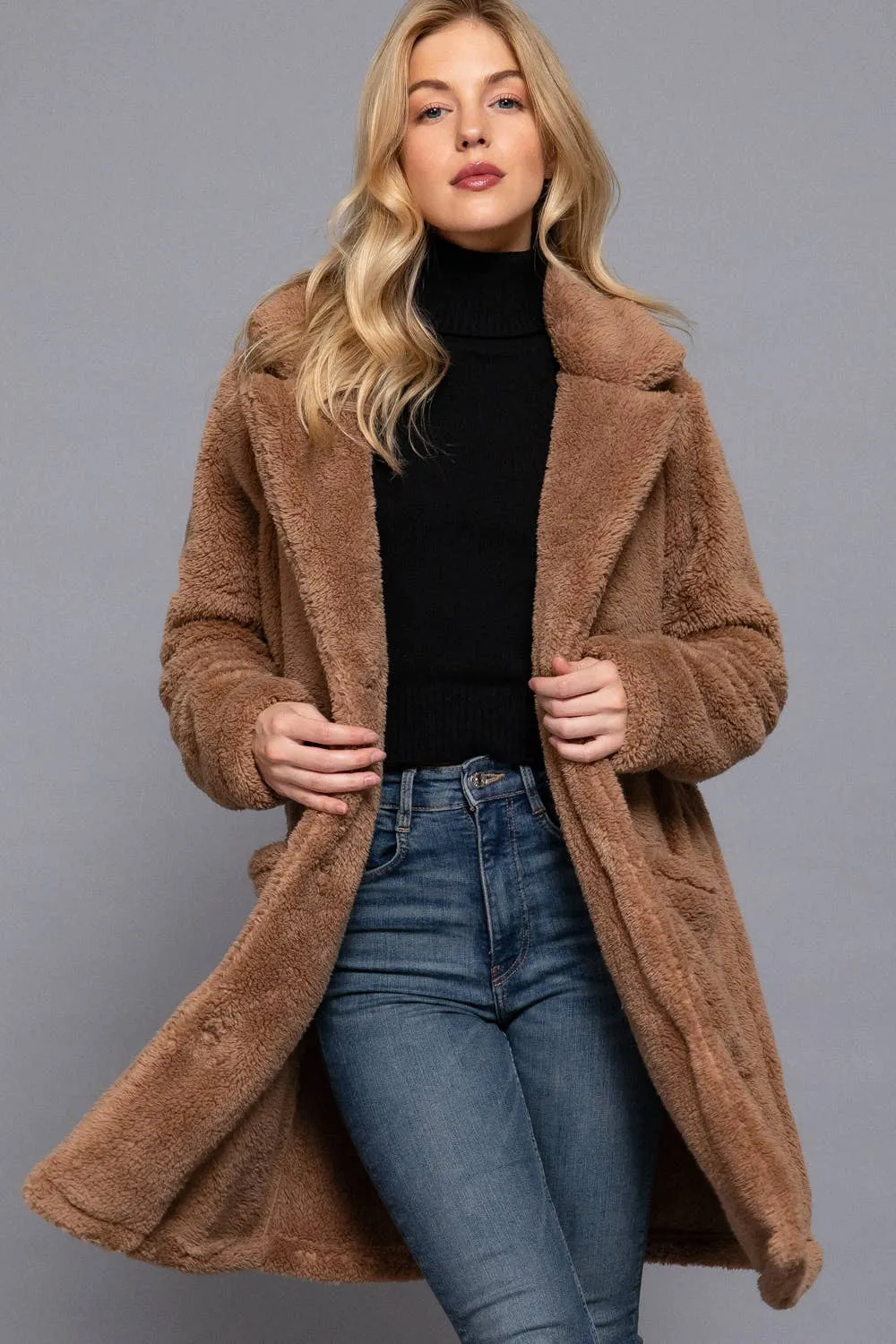 Long Sleeve Notched Collar Patch Pocket Sherpa Coat