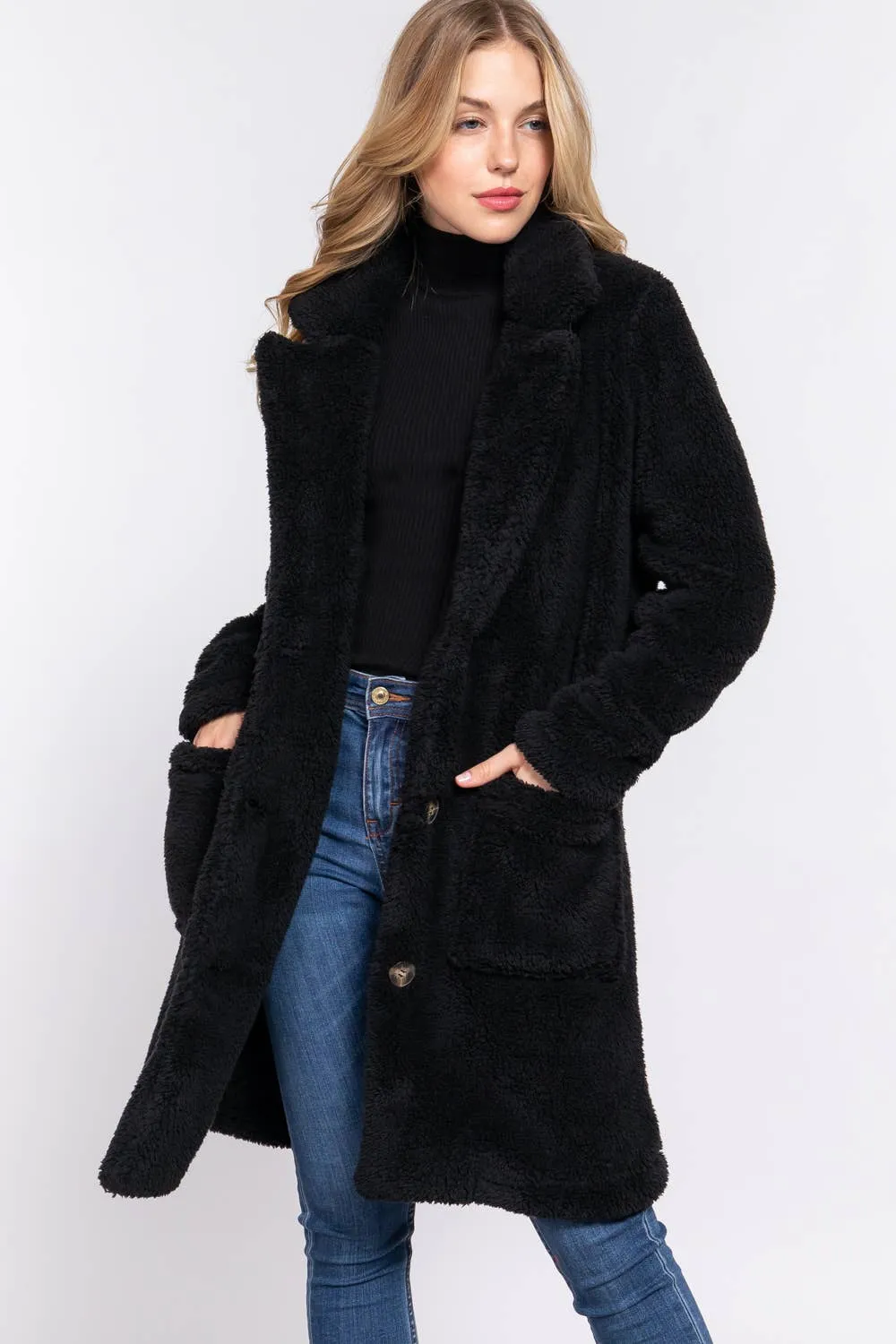 Long Sleeve Notched Collar Patch Pocket Sherpa Coat