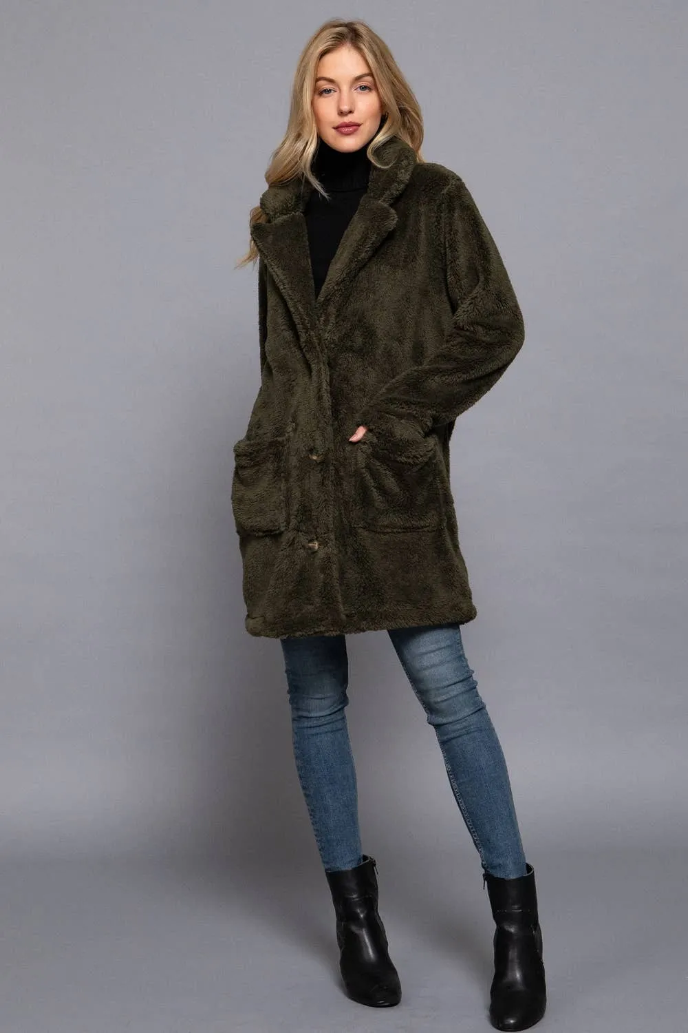 Long Sleeve Notched Collar Patch Pocket Sherpa Coat