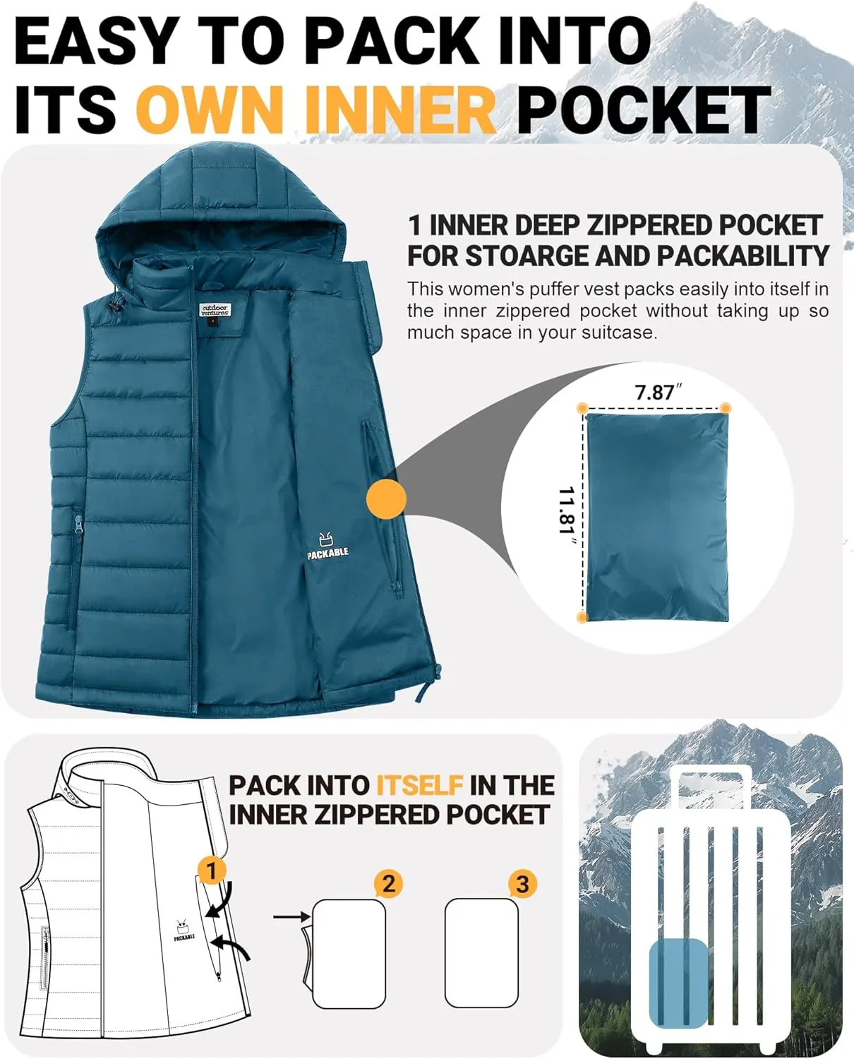 Outdoor Ventures Women's Lightweight Packable Hooded Puffer Vest Outerwear Zip Up Warm Sleeveless Winter Jacket Quilted Coat