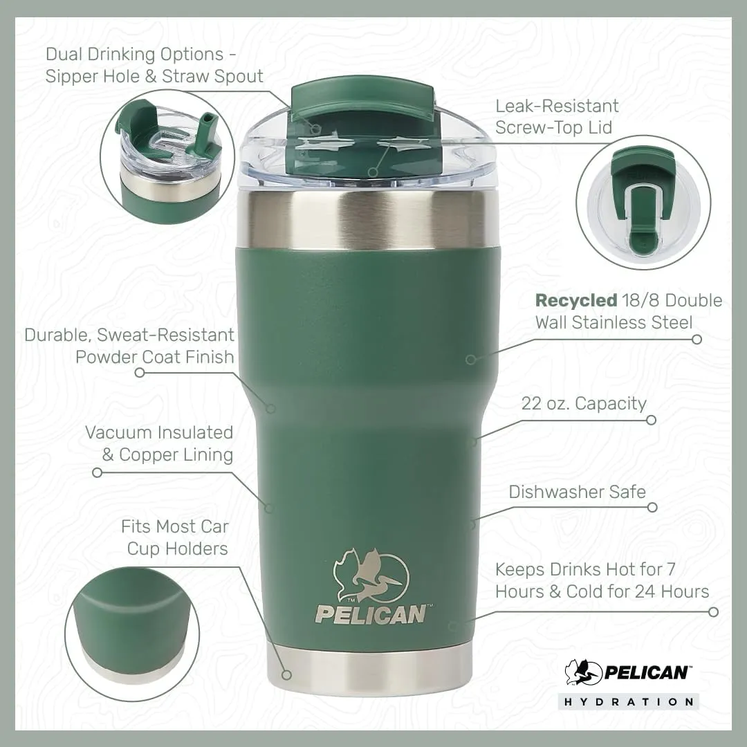 Pelican Hydration Pelican Traveler 22 oz Vacuum Insulated Tumbler - Stainless Steel Double Wall Travel with Dual Lid, Powder Coated Insulated Coffee Mug For Hot Cold Drinks, Breeze