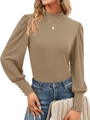Qirno Womens Mock Neck Puff Long Sleeve Tops Casual Loose Solid Basic T Shirt Button Cuffs Pullovers Shirts Blouse