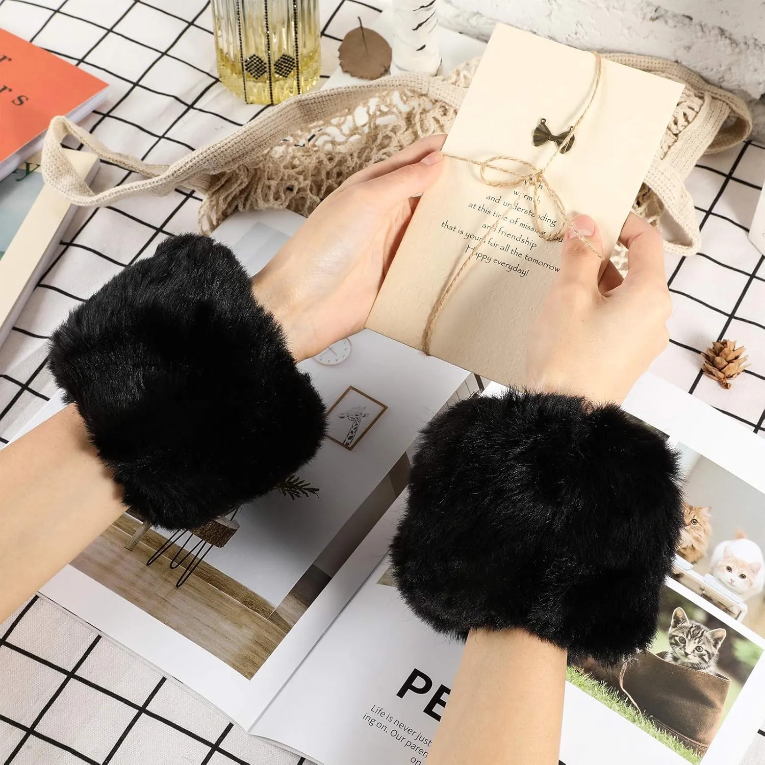 SATINIOR Faux Fur Short Wrist Cuff Winter Fuzzy Wrist Cuff Warmers for Women Girls Favors