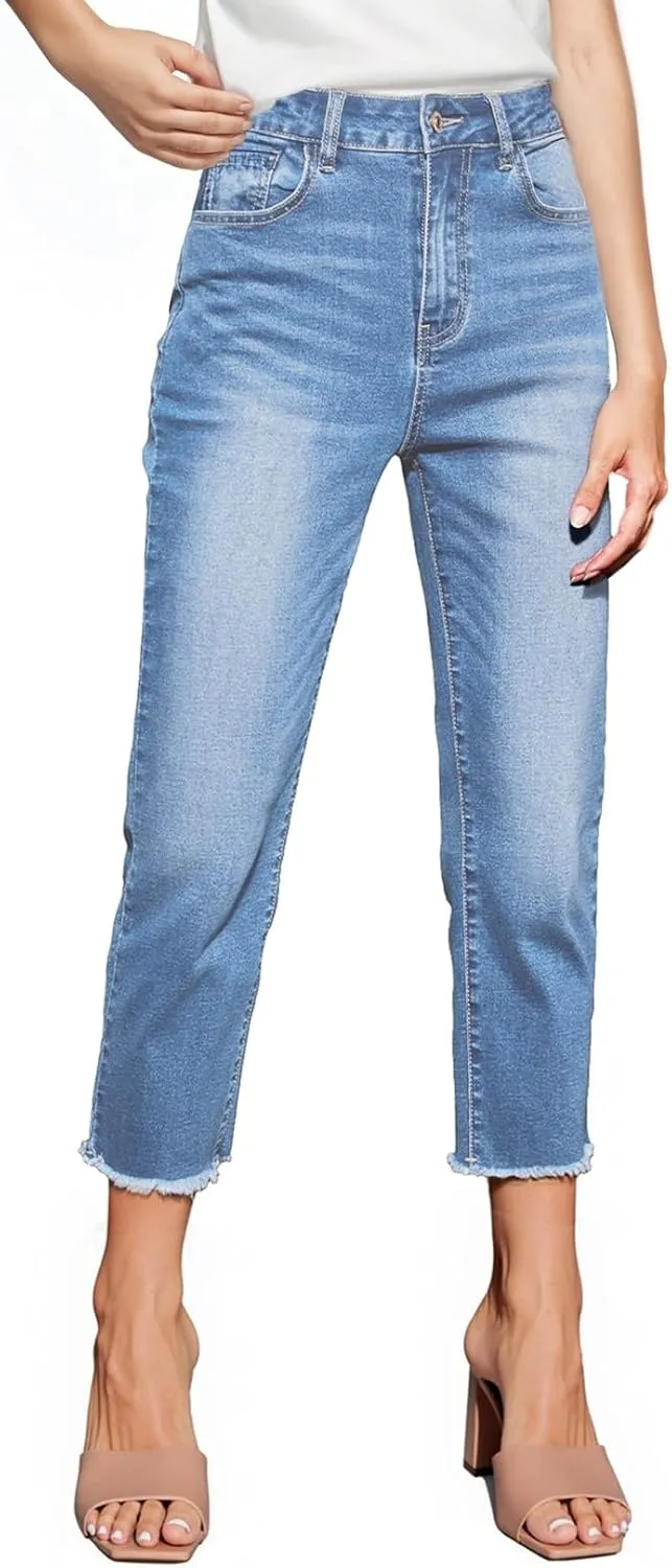 Sidefeel Women's Capri Jeans High Waisted 2025 Summer Fashion Straight Leg Raw Hem Denim Capri Pants