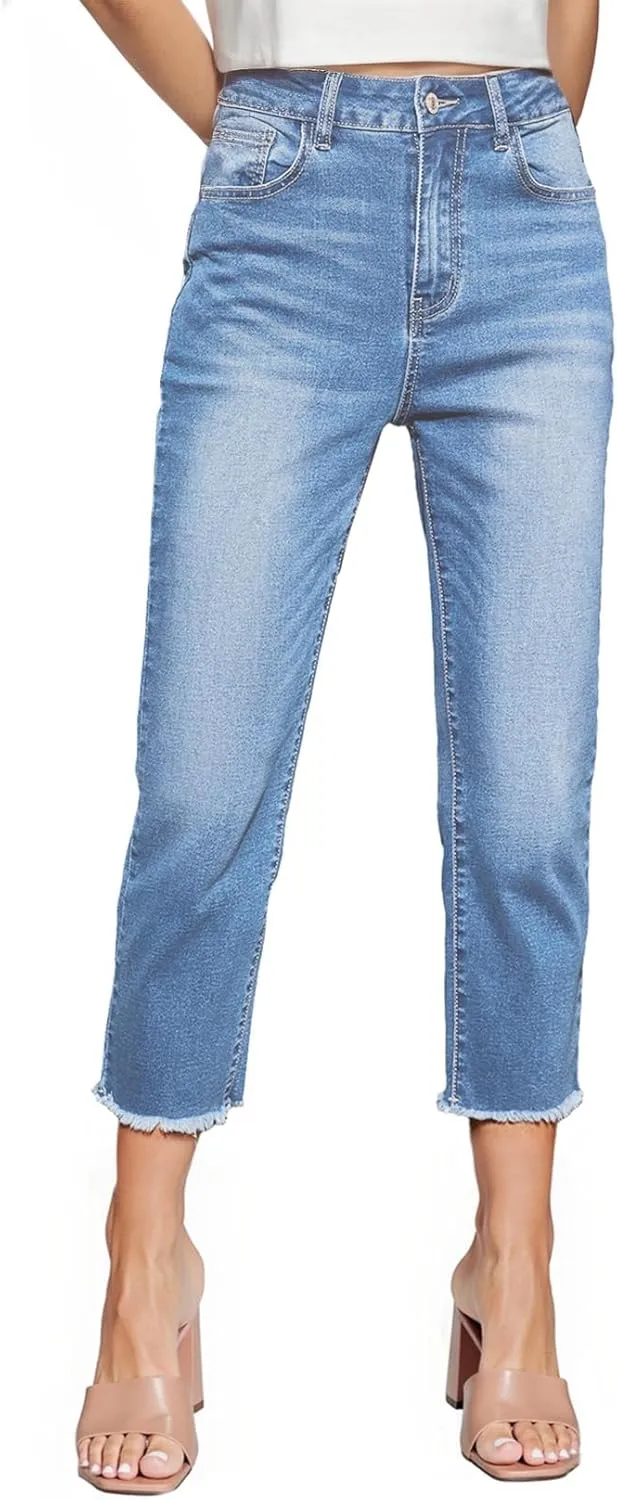 Sidefeel Women's Capri Jeans High Waisted 2025 Summer Fashion Straight Leg Raw Hem Denim Capri Pants