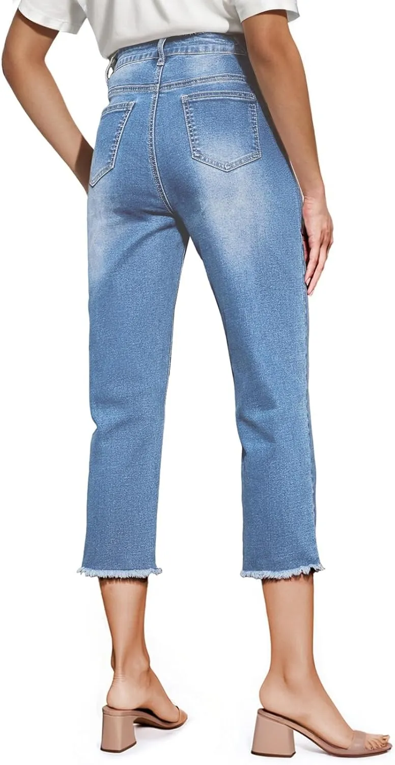Sidefeel Women's Capri Jeans High Waisted 2025 Summer Fashion Straight Leg Raw Hem Denim Capri Pants