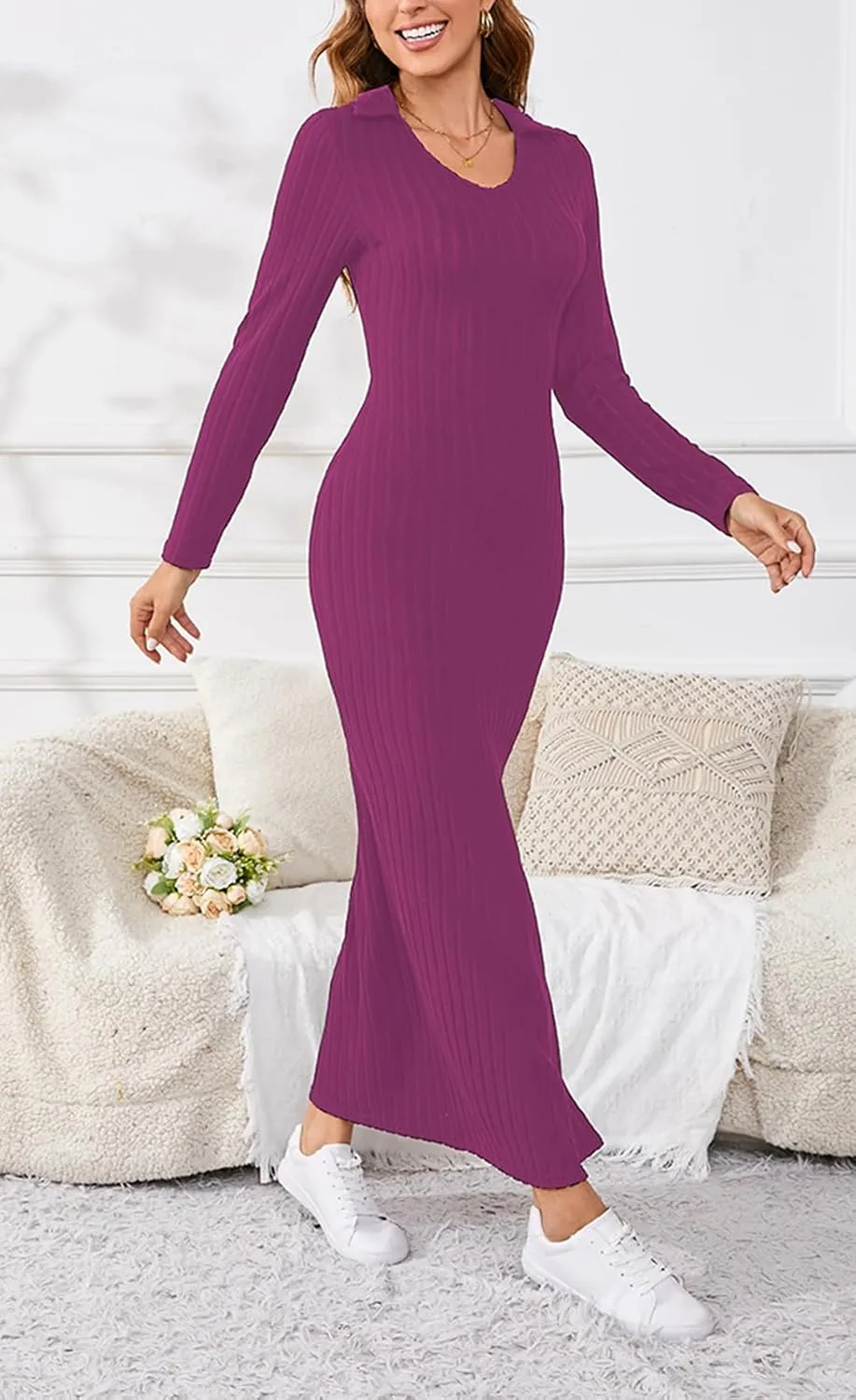 Women's Casual Long Sleeve Collar V Neck Maxi Sweater Dress Sexy Slit Thigh Ribbed Knit Bodycon Pencil Dresses