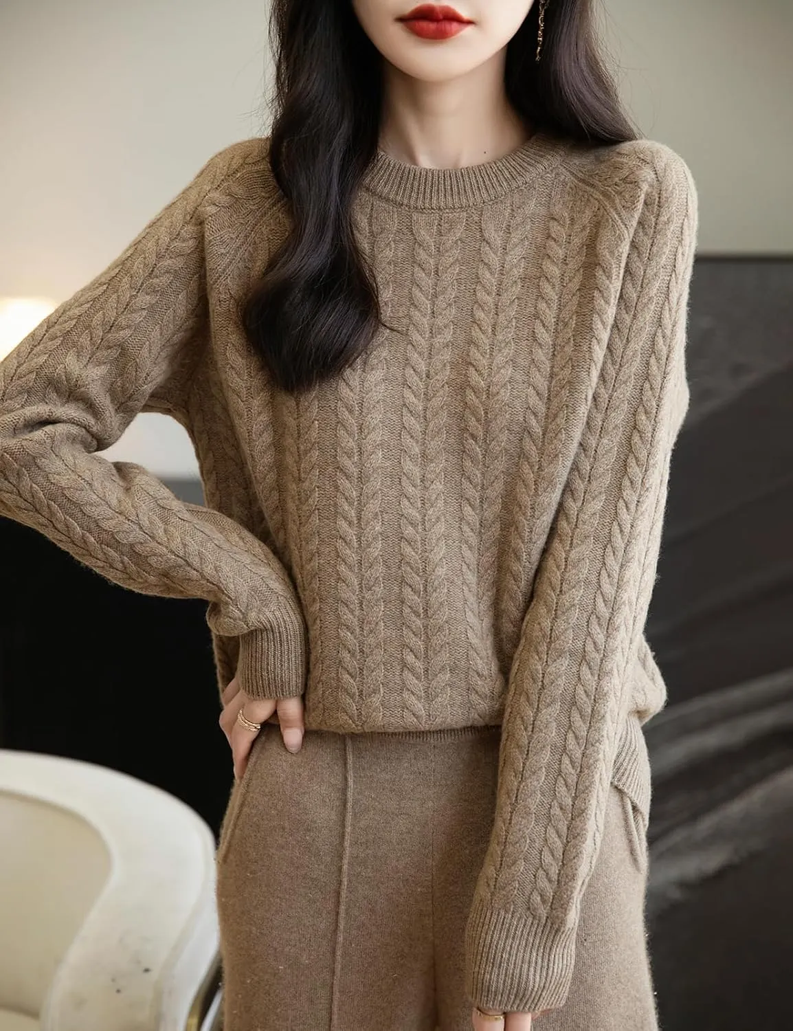 Women's Crew Neck 100% Merino Wool Sweater 2025 Fall Winter Vintage Cable Warm Long Sleeve Knit Pullover Tops