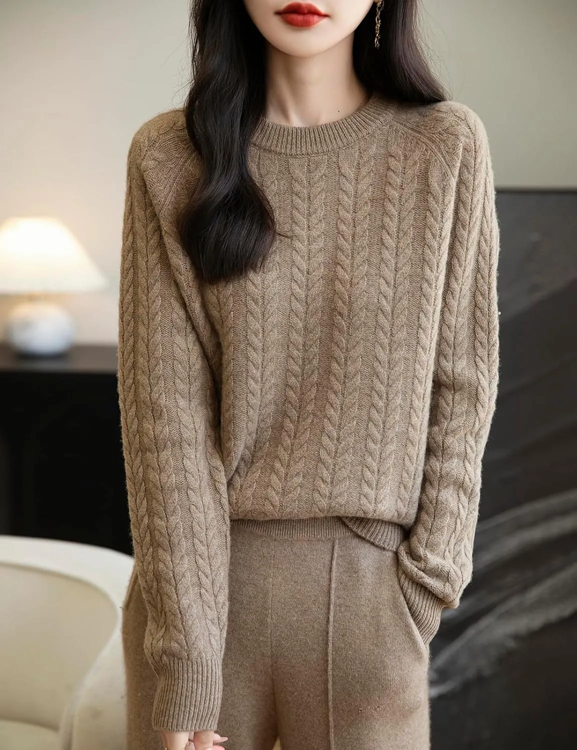Women's Crew Neck 100% Merino Wool Sweater 2025 Fall Winter Vintage Cable Warm Long Sleeve Knit Pullover Tops