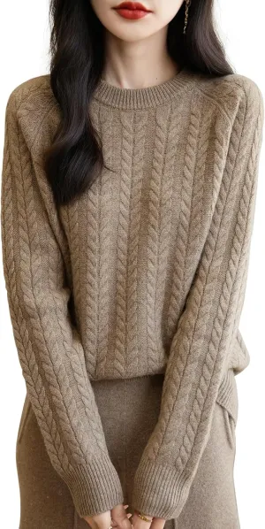 Women's Crew Neck 100% Merino Wool Sweater 2025 Fall Winter Vintage Cable Warm Long Sleeve Knit Pullover Tops