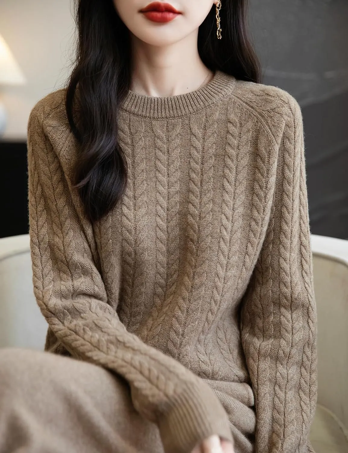 Women's Crew Neck 100% Merino Wool Sweater 2025 Fall Winter Vintage Cable Warm Long Sleeve Knit Pullover Tops