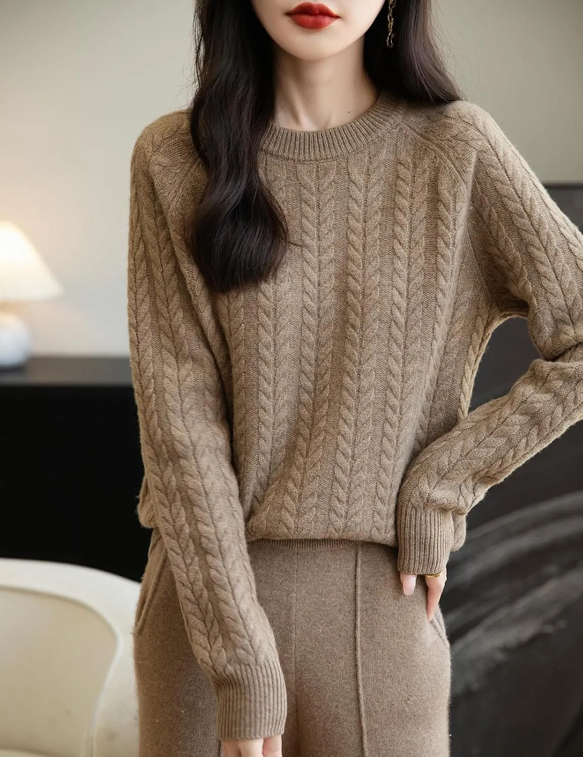 Women's Crew Neck 100% Merino Wool Sweater 2025 Fall Winter Vintage Cable Warm Long Sleeve Knit Pullover Tops