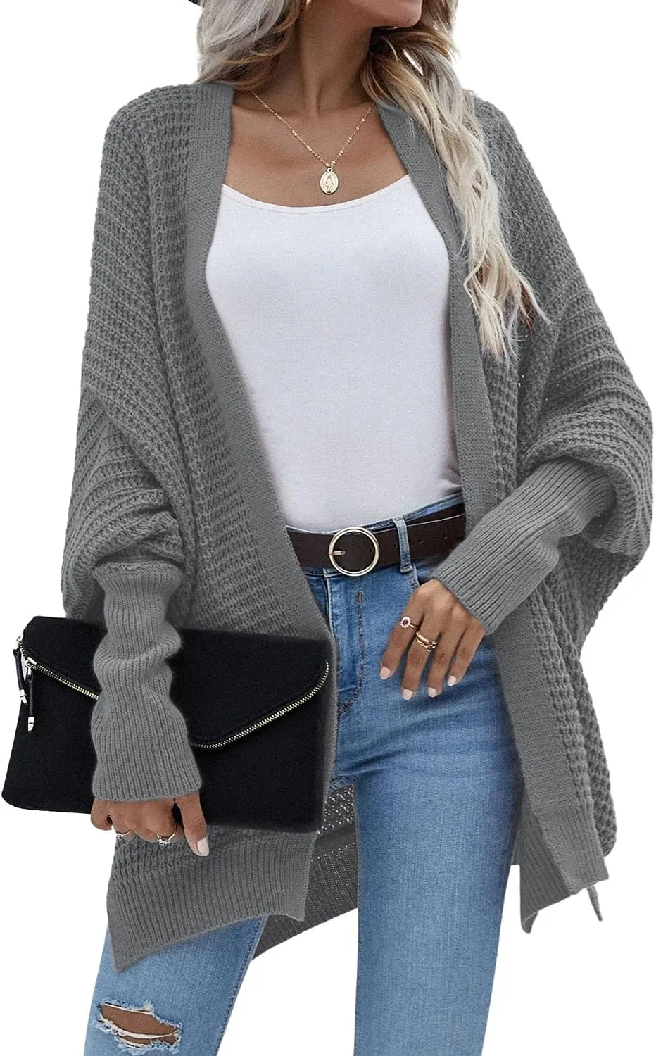 Women's Waffle Cardigan Ribbed Cuffs Open Front Knit Sweater Batwing Long Sleeve Casual Loose Chunky Coat Outwear