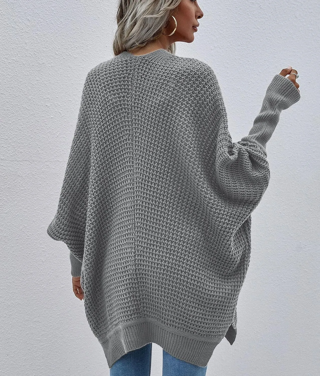 Women's Waffle Cardigan Ribbed Cuffs Open Front Knit Sweater Batwing Long Sleeve Casual Loose Chunky Coat Outwear