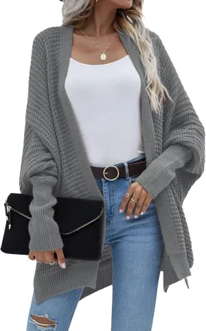Women's Waffle Cardigan Ribbed Cuffs Open Front Knit Sweater Batwing Long Sleeve Casual Loose Chunky Coat Outwear