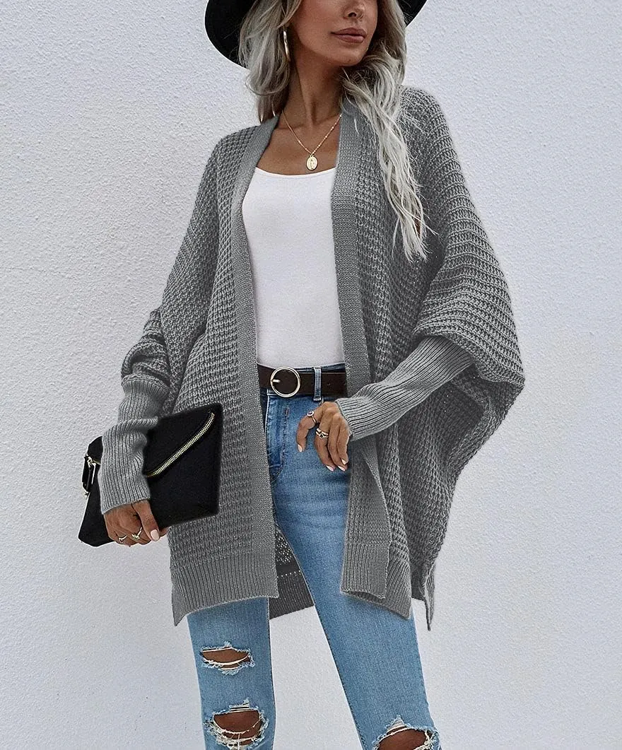 Women's Waffle Cardigan Ribbed Cuffs Open Front Knit Sweater Batwing Long Sleeve Casual Loose Chunky Coat Outwear