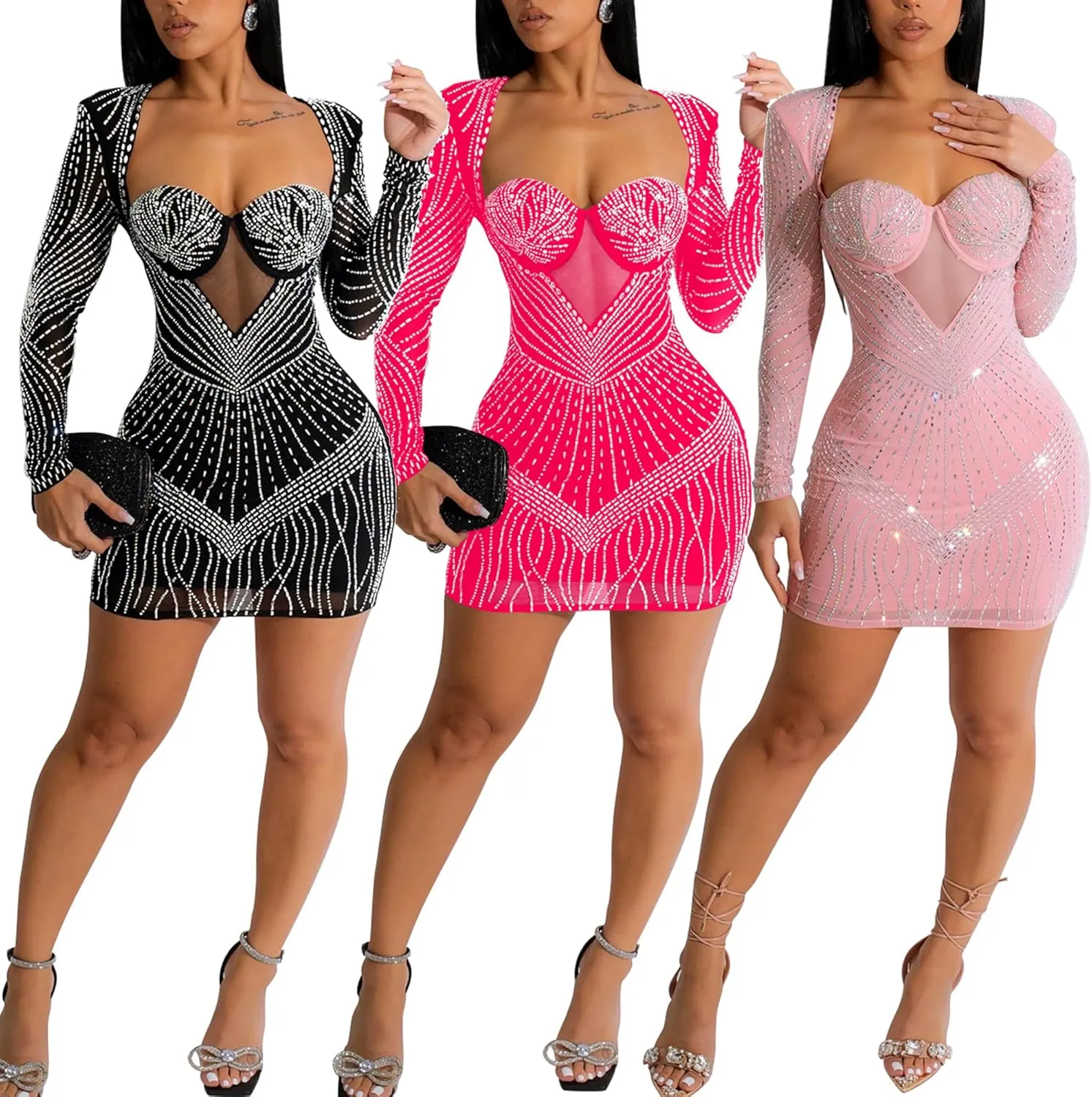 Zoctuo Women's Sexy Elegant Rhinestone Birthday Dress Sparkly Mesh See Through Hot Drilling Party Club Night Outfits