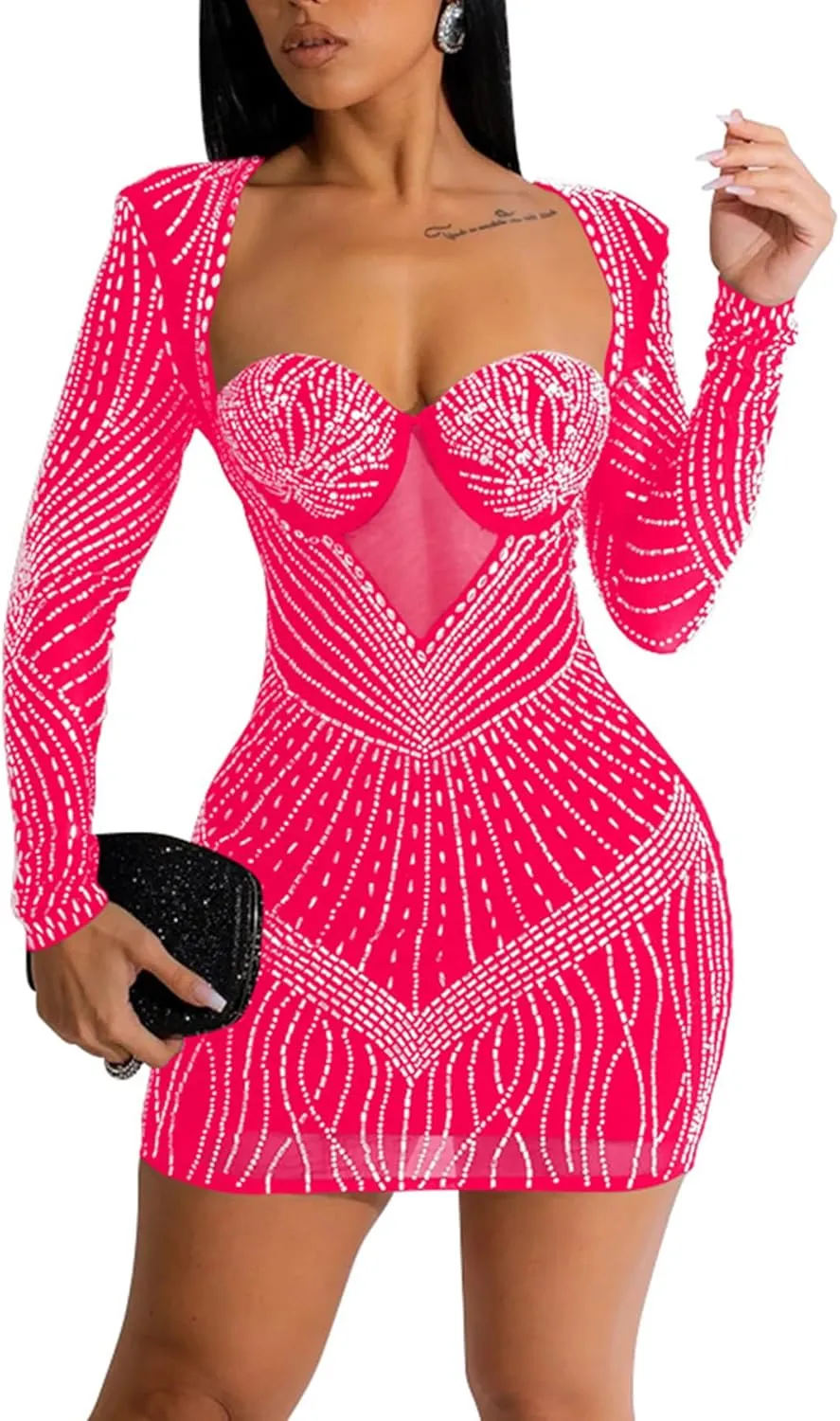 Zoctuo Women's Sexy Elegant Rhinestone Birthday Dress Sparkly Mesh See Through Hot Drilling Party Club Night Outfits